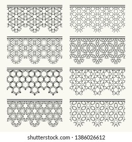 Set of black seamless borders, line patterns. Tribal ethnic arabic, indian decorative ornaments, fashion lace collection. Isolated design elements for headline, banners, wedding invitation cards