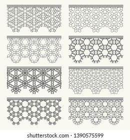 Set of black seamless borders, line patterns. Tribal ethnic arabic, indian decorative ornaments, fashion lace collection. Isolated design elements for headline, banners, wedding invitation cards