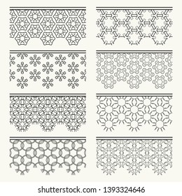 Set of black seamless borders, line patterns. Tribal ethnic arabic, indian decorative ornaments, fashion lace collection. Isolated design elements for headline, banners, wedding invitation cards