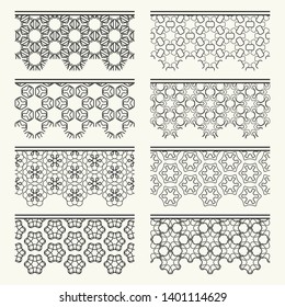 Set of black seamless borders, line patterns. Tribal ethnic arabic, indian decorative ornaments, fashion lace collection. Isolated design elements for headline, banners, wedding invitation cards