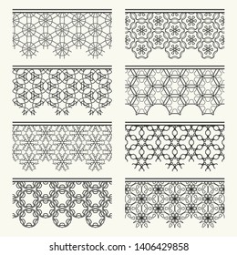 Set of black seamless borders, line patterns. Tribal ethnic arabic, indian decorative ornaments, fashion lace collection. Isolated design elements for headline, banners, wedding invitation cards