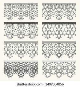 Set of black seamless borders, line patterns. Tribal ethnic arabic, indian decorative ornaments, fashion lace collection. Isolated design elements for headline, banners, wedding invitation cards