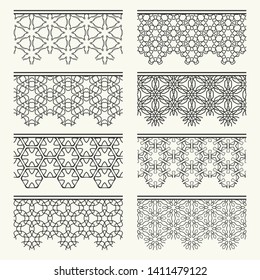 Set of black seamless borders, line patterns. Tribal ethnic arabic, indian decorative ornaments, fashion lace collection. Isolated design elements for headline, banners, wedding invitation cards