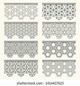 Set of black seamless borders, line patterns. Tribal ethnic arabic, indian decorative ornaments, fashion lace collection. Isolated design elements for headline, banners, wedding invitation cards