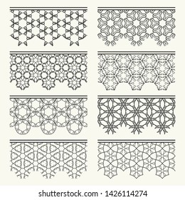 Set of black seamless borders, line patterns. Tribal ethnic arabic, indian decorative ornaments, fashion lace collection. Isolated design elements for headline, banners, wedding invitation cards