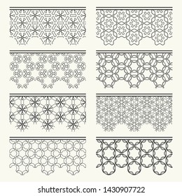 Set of black seamless borders, line patterns. Tribal ethnic arabic, indian decorative ornaments, fashion lace collection. Isolated design elements for headline, banners, wedding invitation cards