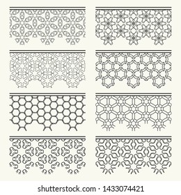 Set of black seamless borders, line patterns. Tribal ethnic arabic, indian decorative ornaments, fashion lace collection. Isolated design elements for headline, banners, wedding invitation cards
