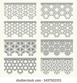 Set of black seamless borders, line patterns. Tribal ethnic arabic, indian decorative ornaments, fashion lace collection. Isolated design elements for headline, banners, wedding invitation cards
