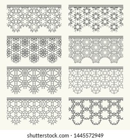 Set of black seamless borders, line patterns. Tribal ethnic arabic, indian decorative ornaments, fashion lace collection. Isolated design elements for headline, banners, wedding invitation cards