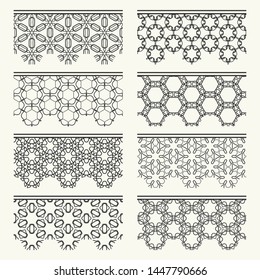 Set of black seamless borders, line patterns. Tribal ethnic arabic, indian decorative ornaments, fashion lace collection. Isolated design elements for headline, banners, wedding invitation cards