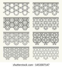 Set of black seamless borders, line patterns. Tribal ethnic arabic, indian decorative ornaments, fashion lace collection. Isolated design elements for headline, banners, wedding invitation cards