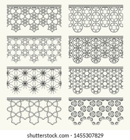 Set of black seamless borders, line patterns. Tribal ethnic arabic, indian decorative ornaments, fashion lace collection. Isolated design elements for headline, banners, wedding invitation cards