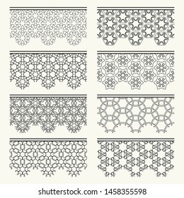 Set of black seamless borders, line patterns. Tribal ethnic arabic, indian decorative ornaments, fashion lace collection. Isolated design elements for headline, banners, wedding invitation cards