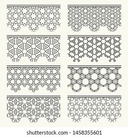 Set of black seamless borders, line patterns. Tribal ethnic arabic, indian decorative ornaments, fashion lace collection. Isolated design elements for headline, banners, wedding invitation cards