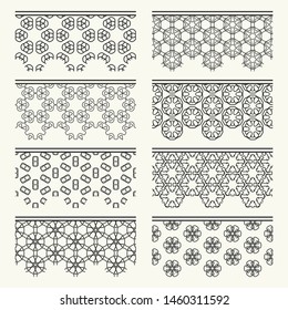 Set of black seamless borders, line patterns. Tribal ethnic arabic, indian decorative ornaments, fashion lace collection. Isolated design elements for headline, banners, wedding invitation cards