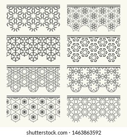 Set of black seamless borders, line patterns. Tribal ethnic arabic, indian decorative ornaments, fashion lace collection. Isolated design elements for headline, banners, wedding invitation cards