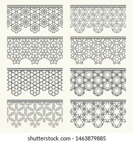Set of black seamless borders, line patterns. Tribal ethnic arabic, indian decorative ornaments, fashion lace collection. Isolated design elements for headline, banners, wedding invitation cards