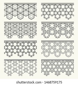 Set of black seamless borders, line patterns. Tribal ethnic arabic, indian decorative ornaments, fashion lace collection. Isolated design elements for headline, banners, wedding invitation cards