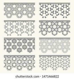 Set of black seamless borders, line patterns. Tribal ethnic arabic, indian decorative ornaments, fashion lace collection. Isolated design elements for headline, banners, wedding invitation cards