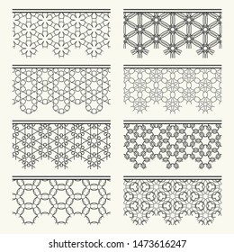 Set of black seamless borders, line patterns. Tribal ethnic arabic, indian decorative ornaments, fashion lace collection. Isolated design elements for headline, banners, wedding invitation cards