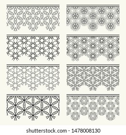 Set of black seamless borders, line patterns. Tribal ethnic arabic, indian decorative ornaments, fashion lace collection. Isolated design elements for headline, banners, wedding invitation cards