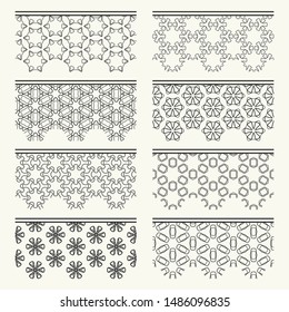 Set of black seamless borders, line patterns. Tribal ethnic arabic, indian decorative ornaments, fashion lace collection. Isolated design elements for headline, banners, wedding invitation cards