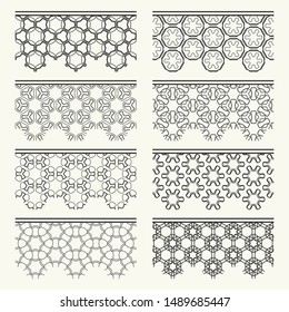 Set of black seamless borders, line patterns. Tribal ethnic arabic, indian decorative ornaments, fashion lace collection. Isolated design elements for headline, banners, wedding invitation cards