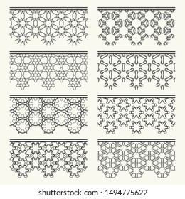 Set of black seamless borders, line patterns. Tribal ethnic arabic, indian decorative ornaments, fashion lace collection. Isolated design elements for headline, banners, wedding invitation cards