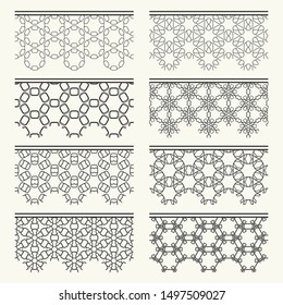 Set of black seamless borders, line patterns. Tribal ethnic arabic, indian decorative ornaments, fashion lace collection. Isolated design elements for headline, banners, wedding invitation cards