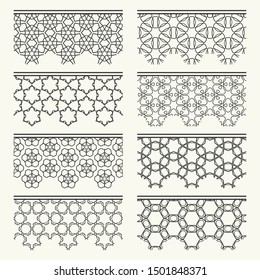 Set of black seamless borders, line patterns. Tribal ethnic arabic, indian decorative ornaments, fashion lace collection. Isolated design elements for headline, banners, wedding invitation cards