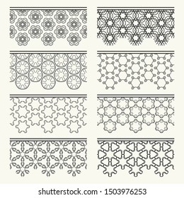Set of black seamless borders, line patterns. Tribal ethnic arabic, indian decorative ornaments, fashion lace collection. Isolated design elements for headline, banners, wedding invitation cards