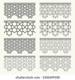 Set of black seamless borders, line patterns. Tribal ethnic arabic, indian decorative ornaments, fashion lace collection. Isolated design elements for headline, banners, wedding invitation cards