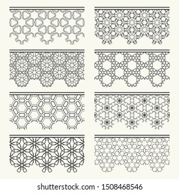 Set of black seamless borders, line patterns. Tribal ethnic arabic, indian decorative ornaments, fashion lace collection. Isolated design elements for headline, banners, wedding invitation cards