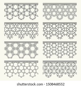 Set of black seamless borders, line patterns. Tribal ethnic arabic, indian decorative ornaments, fashion lace collection. Isolated design elements for headline, banners, wedding invitation cards