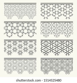 Set of black seamless borders, line patterns. Tribal ethnic arabic, indian decorative ornaments, fashion lace collection. Isolated design elements for headline, banners, wedding invitation cards