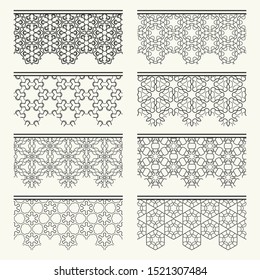 Set of black seamless borders, line patterns. Tribal ethnic arabic, indian decorative ornaments, fashion lace collection.  