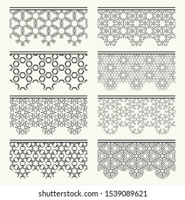 Set of black seamless borders, line patterns. Tribal ethnic arabic, indian decorative ornaments, fashion lace collection. Isolated design elements for headline, banners, wedding invitation cards