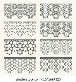 Set of black seamless borders, line patterns. Tribal ethnic arabic, indian decorative ornaments, fashion lace collection. Isolated design elements for headline, banners, wedding invitation cards