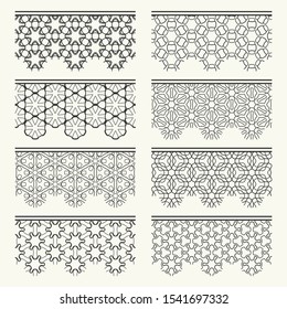 Set of black seamless borders, line patterns. Tribal ethnic arabic, indian decorative ornaments, fashion lace collection. Isolated design elements for headline, banners, wedding invitation cards