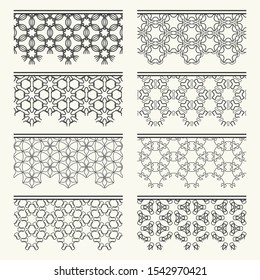 Set of black seamless borders, line patterns. Tribal ethnic arabic, indian decorative ornaments, fashion lace collection. Isolated design elements for headline, banners, wedding invitation cards