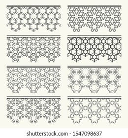 Set of black seamless borders, line patterns. Tribal ethnic arabic, indian decorative ornaments, fashion lace collection. Isolated design elements for headline, banners, wedding invitation cards