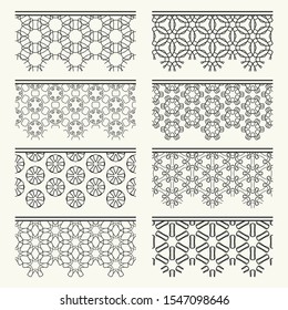 Set of black seamless borders, line patterns. Tribal ethnic arabic, indian decorative ornaments, fashion lace collection. Isolated design elements for headline, banners, wedding invitation cards