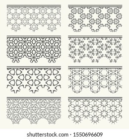 Set of black seamless borders, line patterns. Tribal ethnic arabic, indian decorative ornaments, fashion lace collection. Isolated design elements for headline, banners, wedding invitation cards