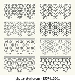 Set of black seamless borders, line patterns. Tribal ethnic arabic, indian decorative ornaments, fashion lace collection. Isolated design elements for headline, banners, wedding invitation cards