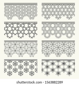 Set of black seamless borders, line patterns. Tribal ethnic arabic, indian decorative ornaments, fashion lace collection. Isolated design elements for headline, banners, wedding invitation cards
