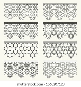 Set of black seamless borders, line patterns. Tribal ethnic arabic, indian decorative ornaments, fashion lace collection. Isolated design elements for headline, banners, wedding invitation cards