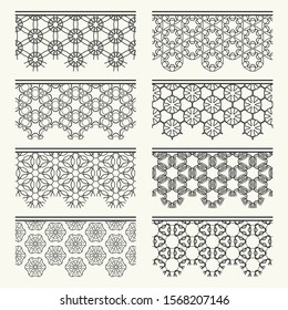 Set of black seamless borders, line patterns. Tribal ethnic arabic, indian decorative ornaments, fashion lace collection. Isolated design elements for headline, banners, wedding invitation cards