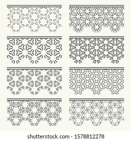 Set of black seamless borders, line patterns. Tribal ethnic arabic, indian decorative ornaments, fashion lace collection. Isolated design elements for headline, banners, wedding invitation cards