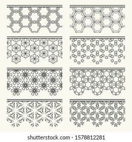 Set of black seamless borders, line patterns. Tribal ethnic arabic, indian decorative ornaments, fashion lace collection. Isolated design elements for headline, banners, wedding invitation cards