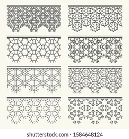 Set of black seamless borders, line patterns. Tribal ethnic arabic, indian decorative ornaments, fashion lace collection. Isolated design elements for headline, banners, wedding invitation cards